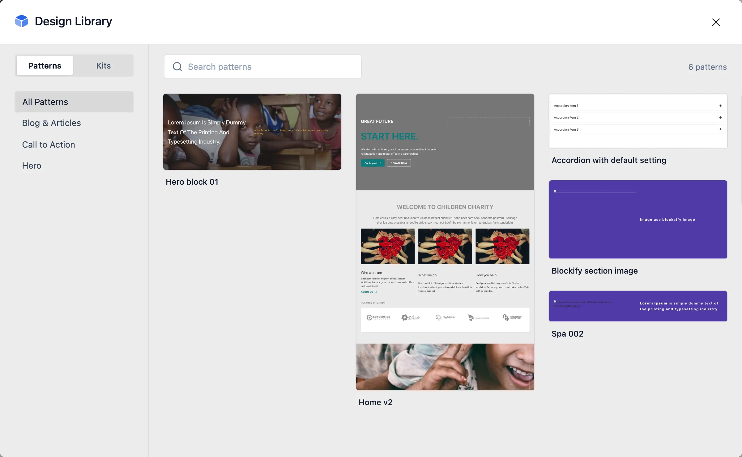Blocksify Design Library showing ready-to-insert page patterns