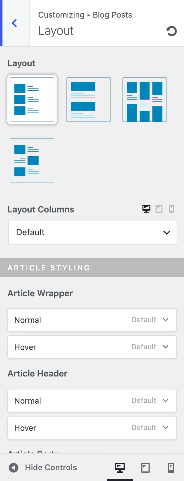 The Blog Posts Layout panel shows Blog Pro controls for archive layout, post structure, media, title, excerpt, category, meta, read more, and pagination.