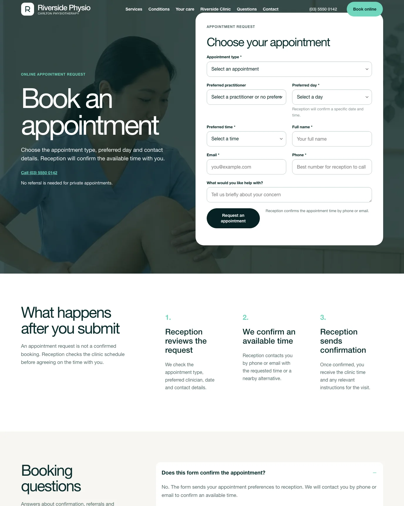 Riverside Physio appointment booking page WordPress template