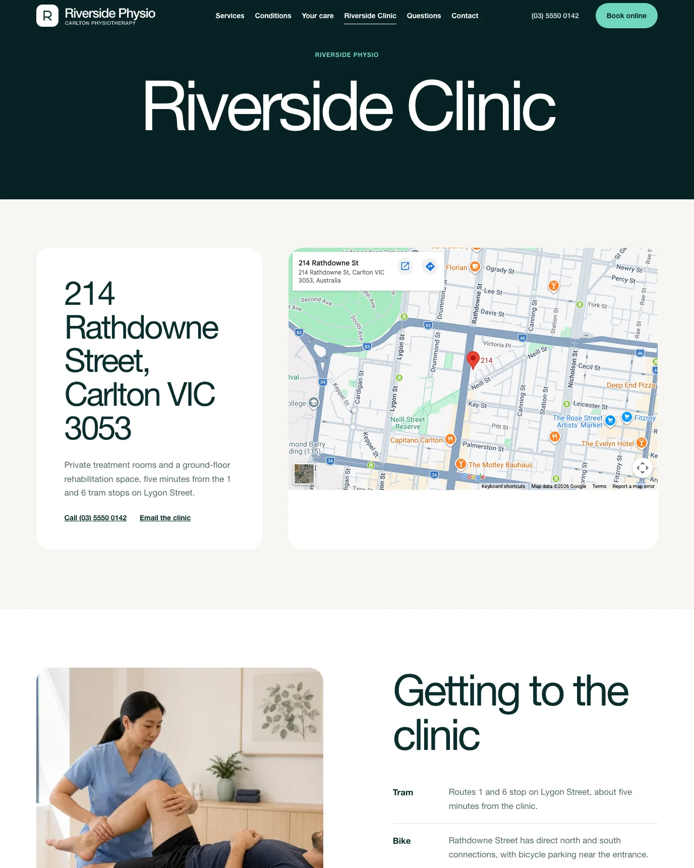 Riverside Physio clinic location page WordPress template