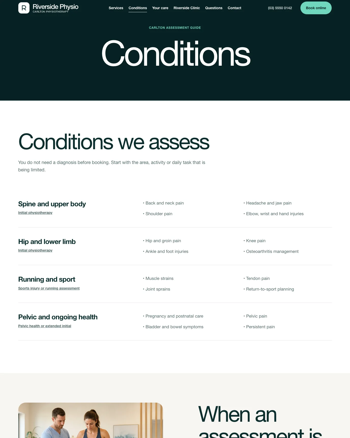 Riverside Physio conditions page clinic WordPress template