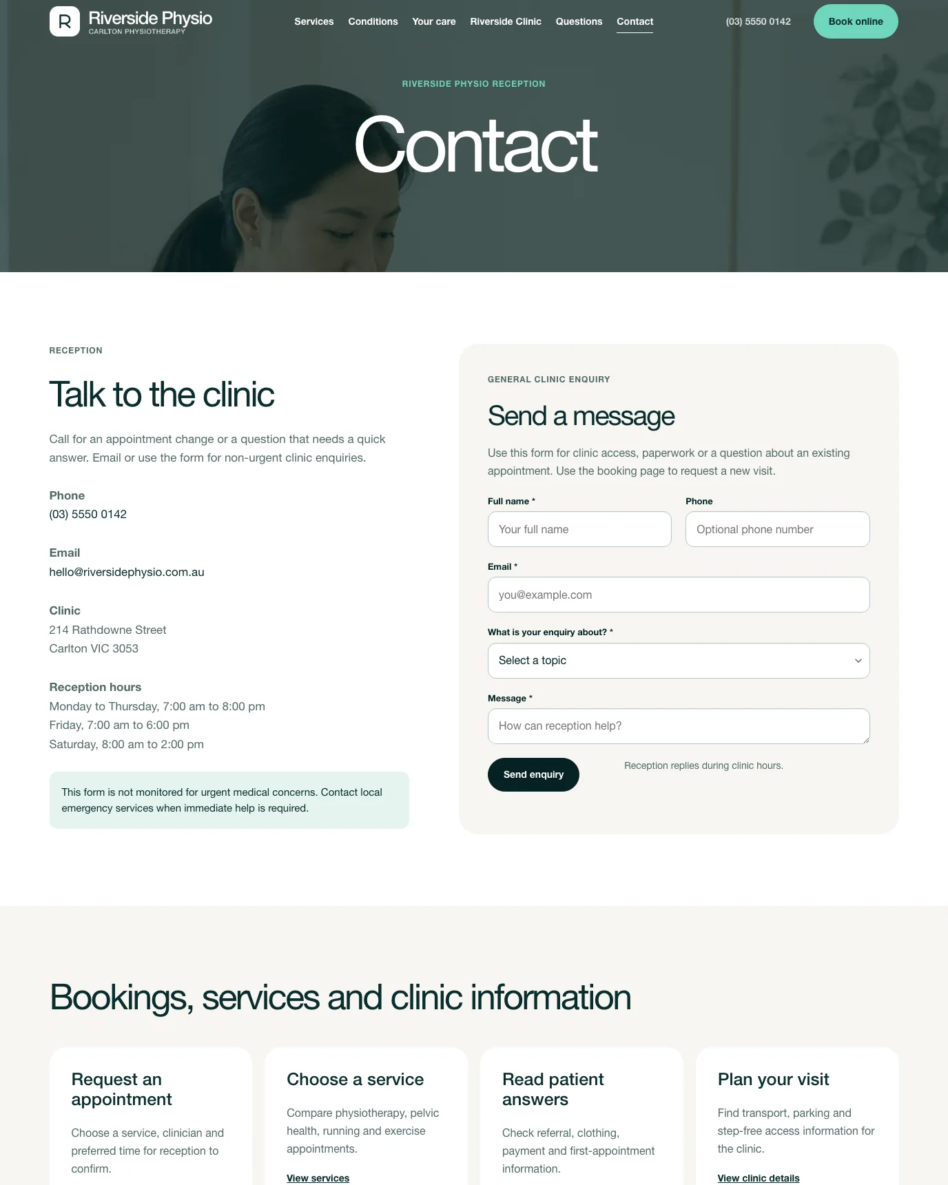 Riverside Physio clinic contact page WordPress template