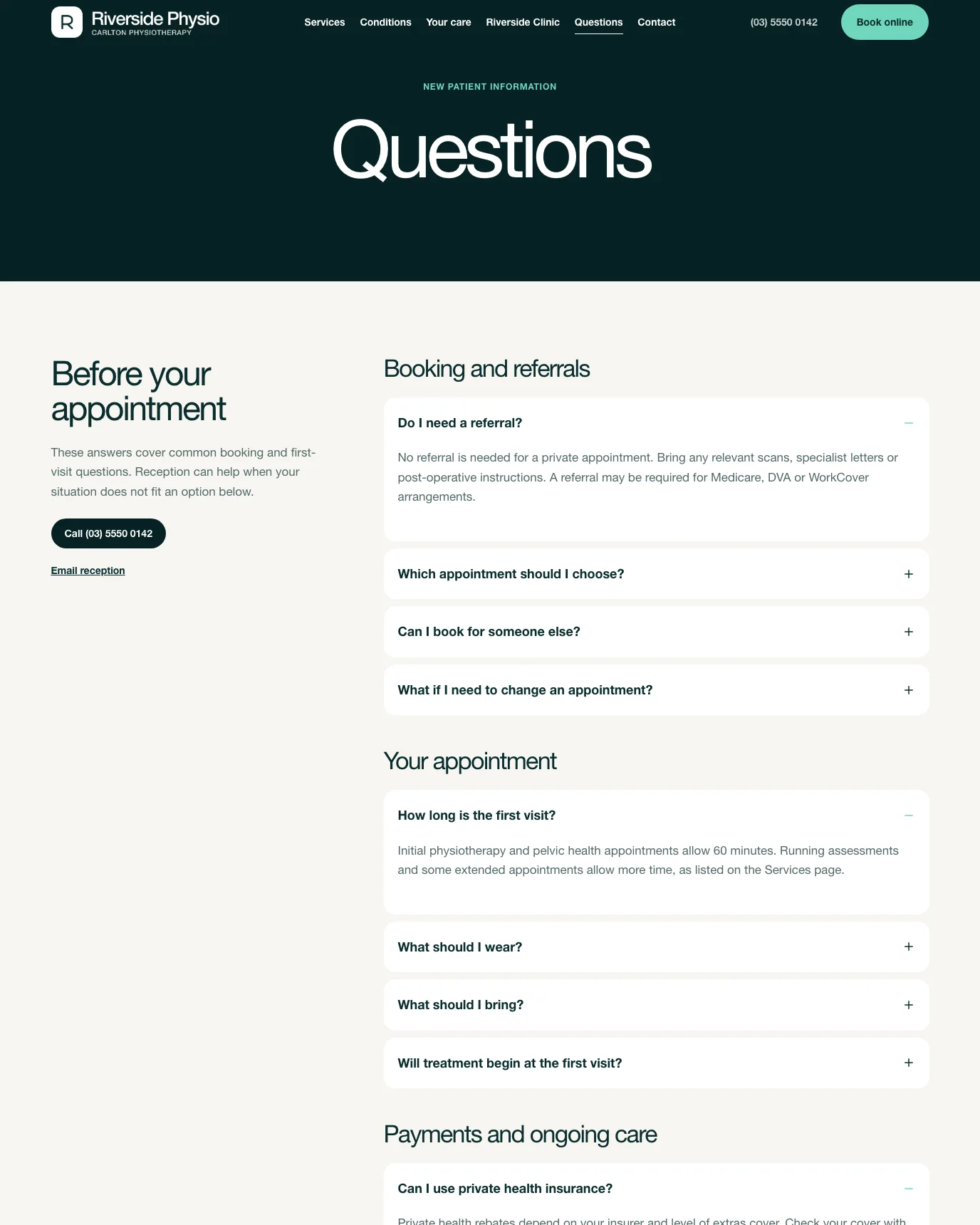 Riverside Physio patient questions page WordPress template