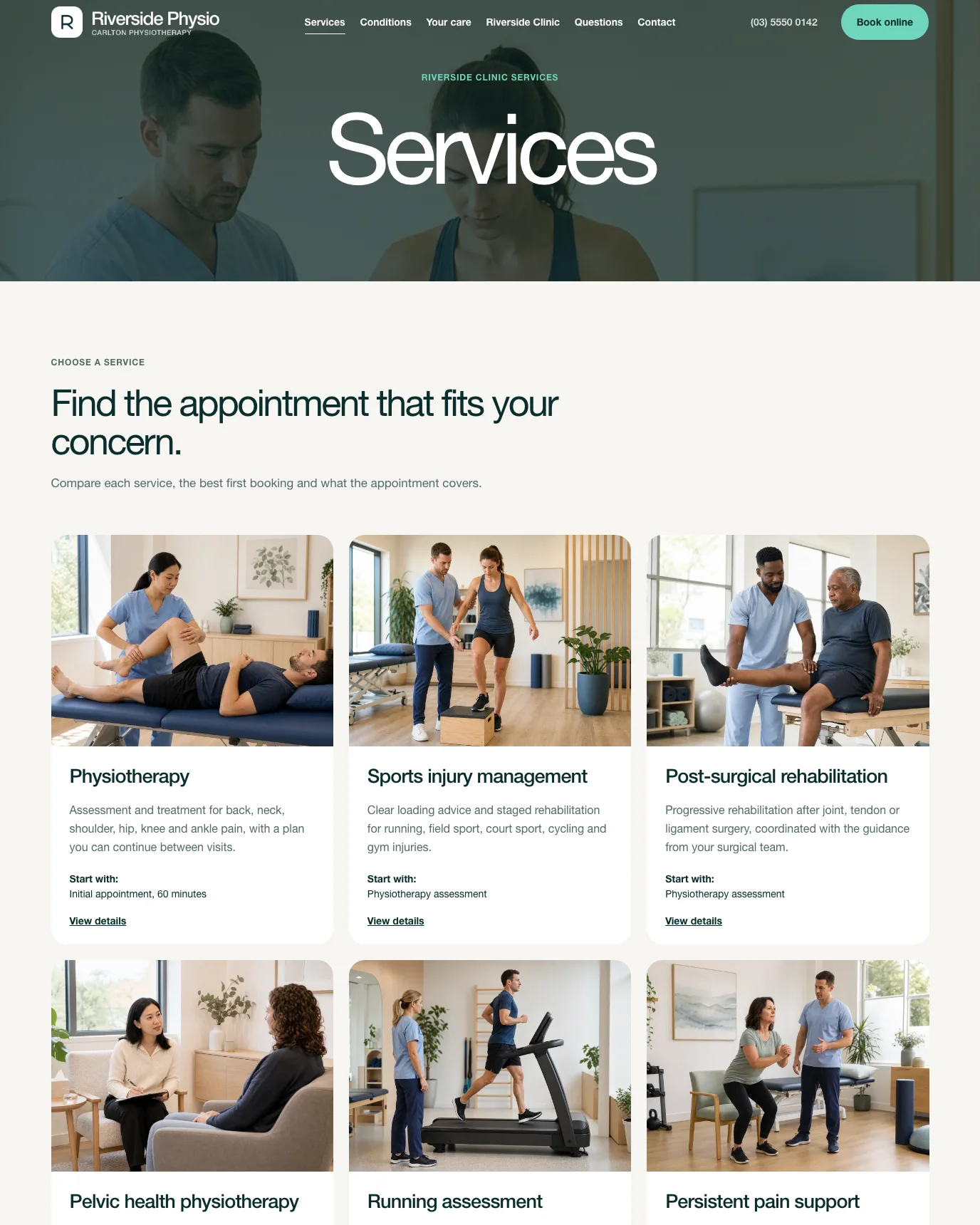 Riverside Physio services page WordPress template