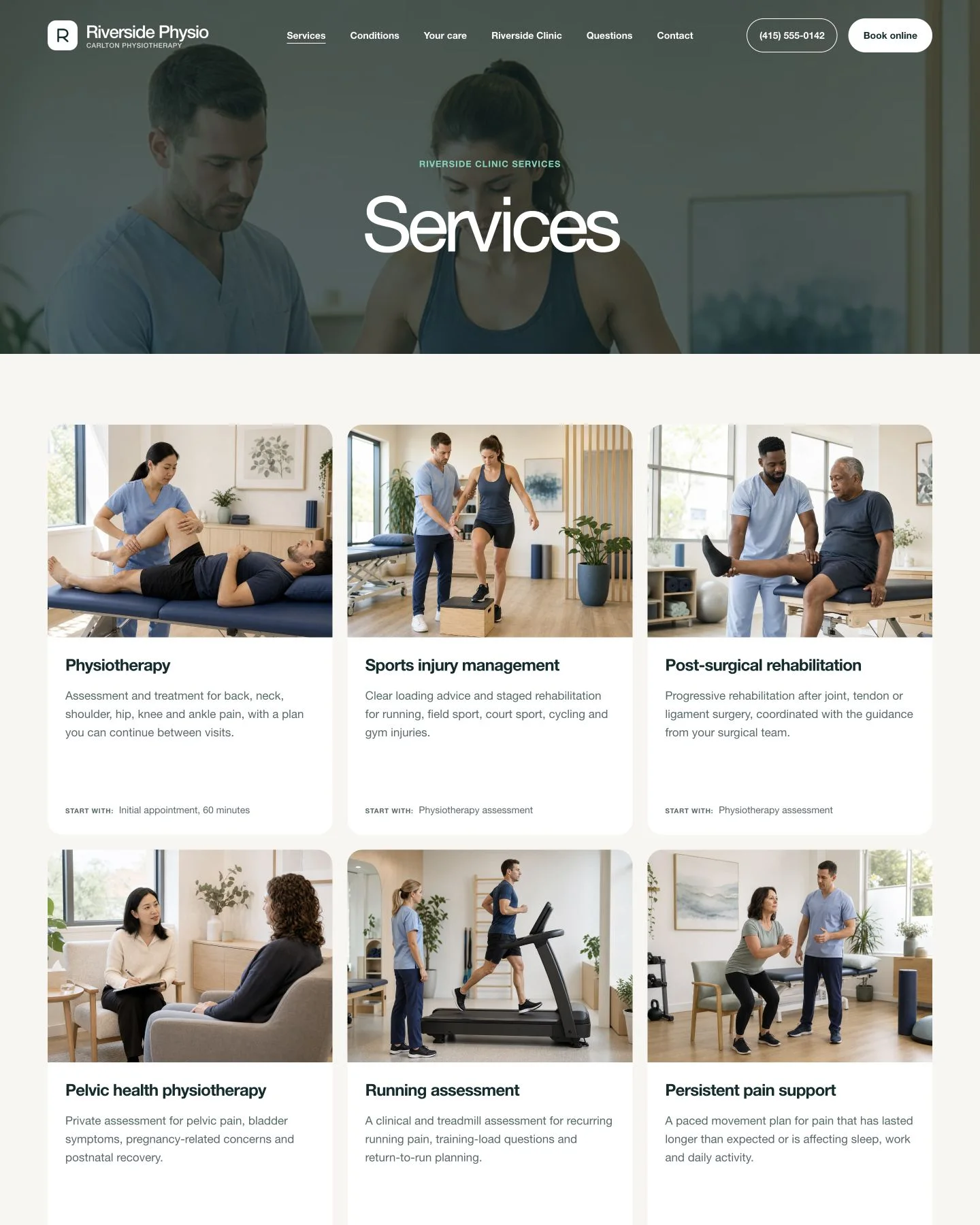 Riverside Physio services page WordPress template preview