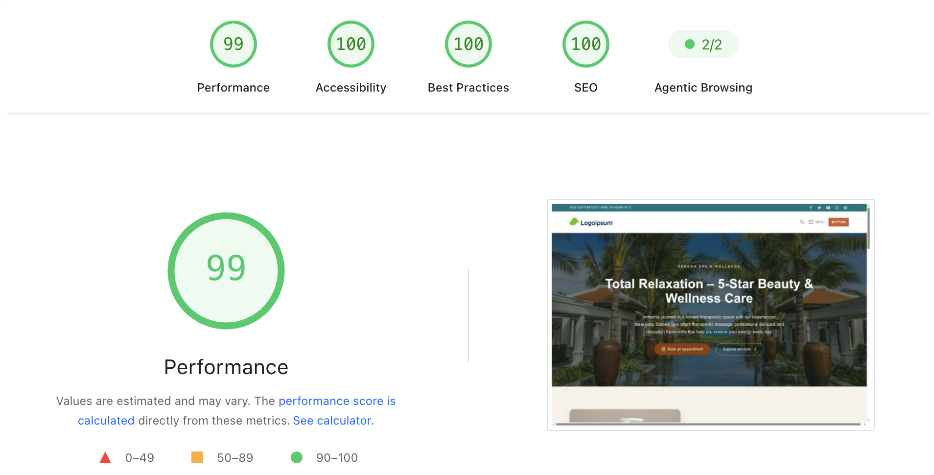 Google Lighthouse scores for the Customify public performance test: 99 Performance and 100 for Accessibility, Best Practices, and SEO.