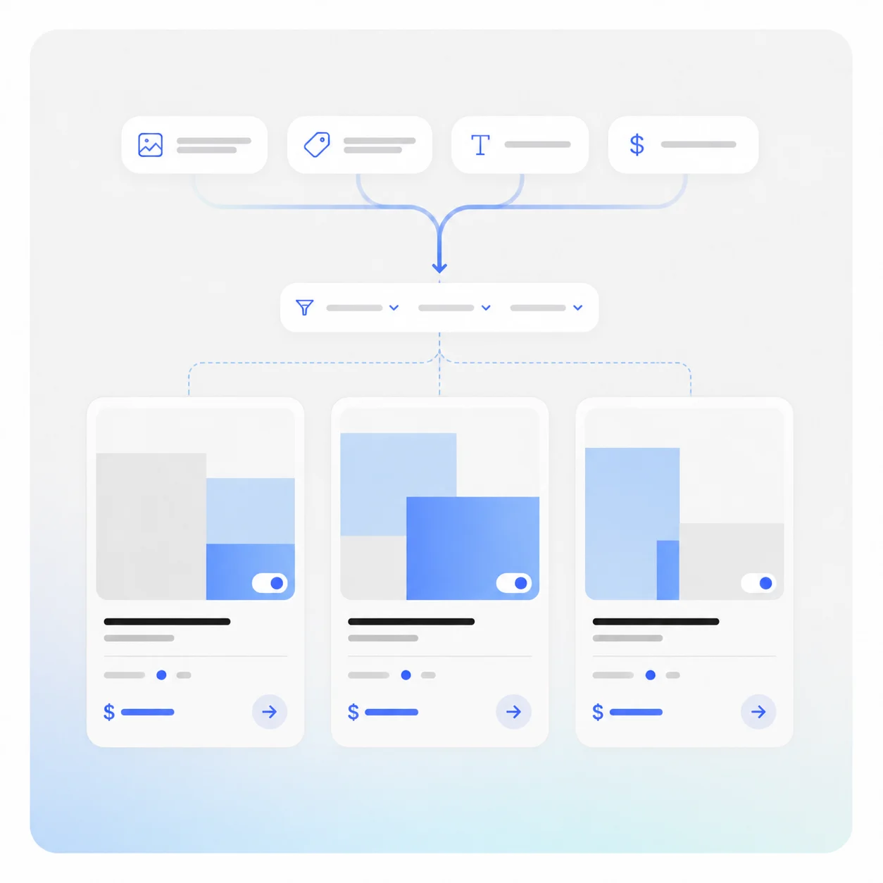 Dynamic WordPress fields flowing into filter controls and visual content cards