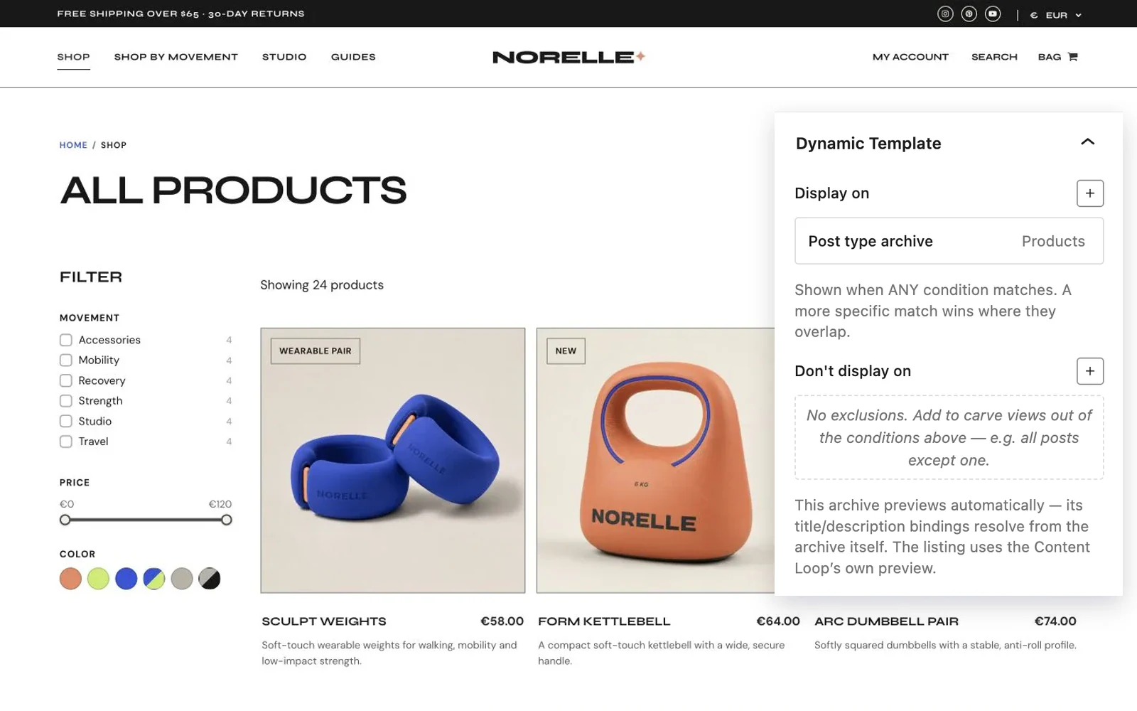 Norelle shop archive with a floating Blocksify Dynamic Template display condition panel