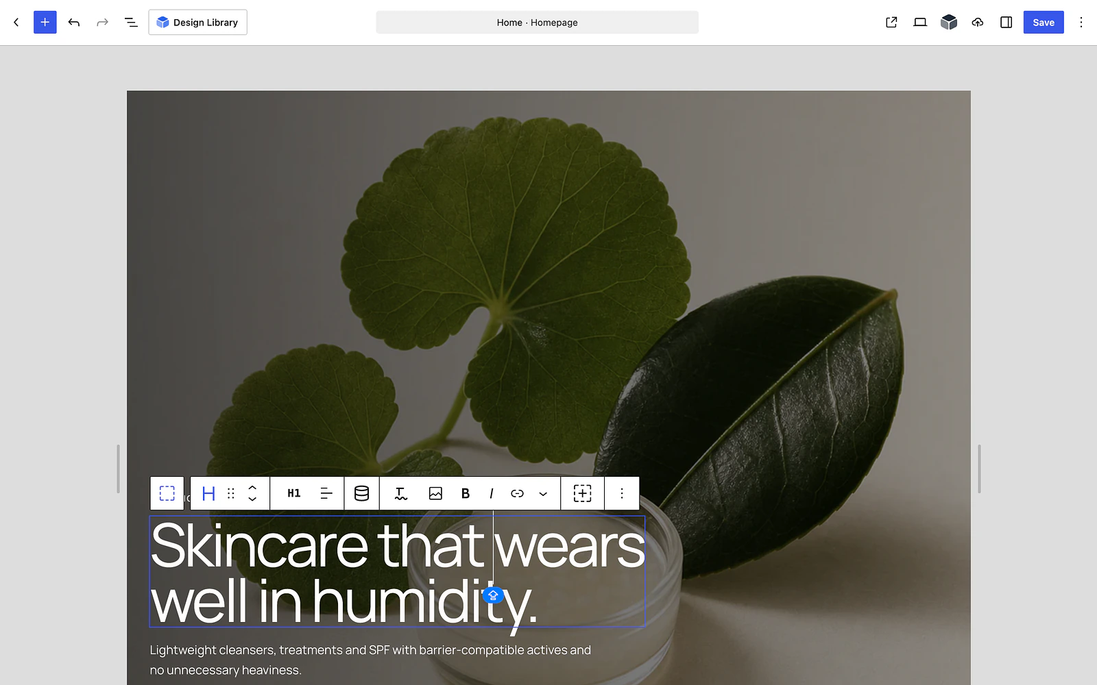 Blocksify editing the ÉLANE homepage in the native WordPress block editor