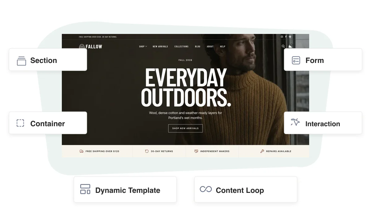 Fallow starter homepage with Blocksify Section, Container, Form, Interaction, Dynamic Template, and Content Loop