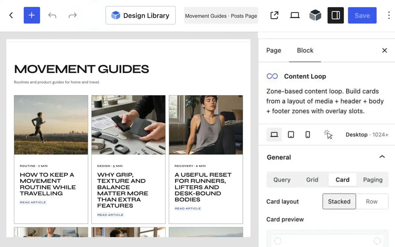 Blocksify Content Loop Card Builder in the Norelle WordPress editor