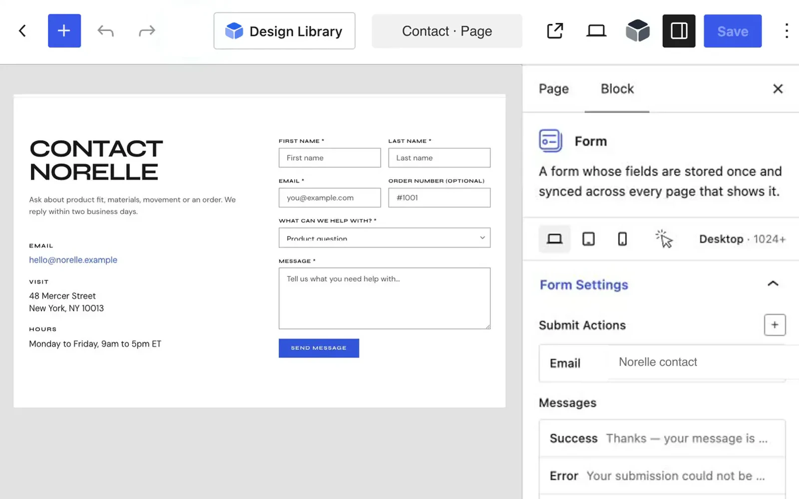 Blocksify Form settings on the Norelle starter site in the WordPress editor