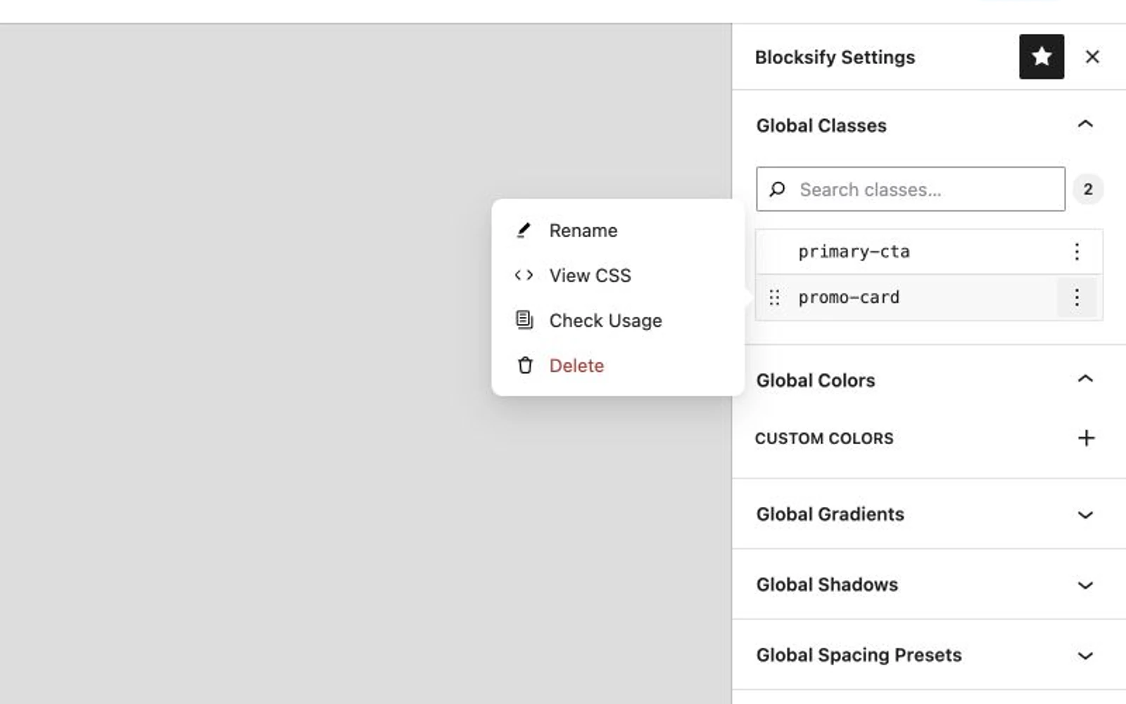 Blocksify Global Classes settings with reusable classes and class actions