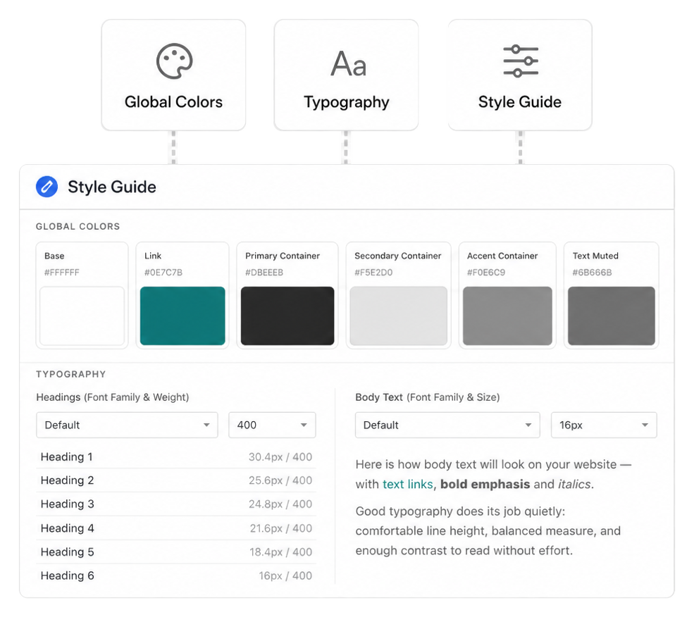 Customify Global Colors, Typography and Style Guide controls
