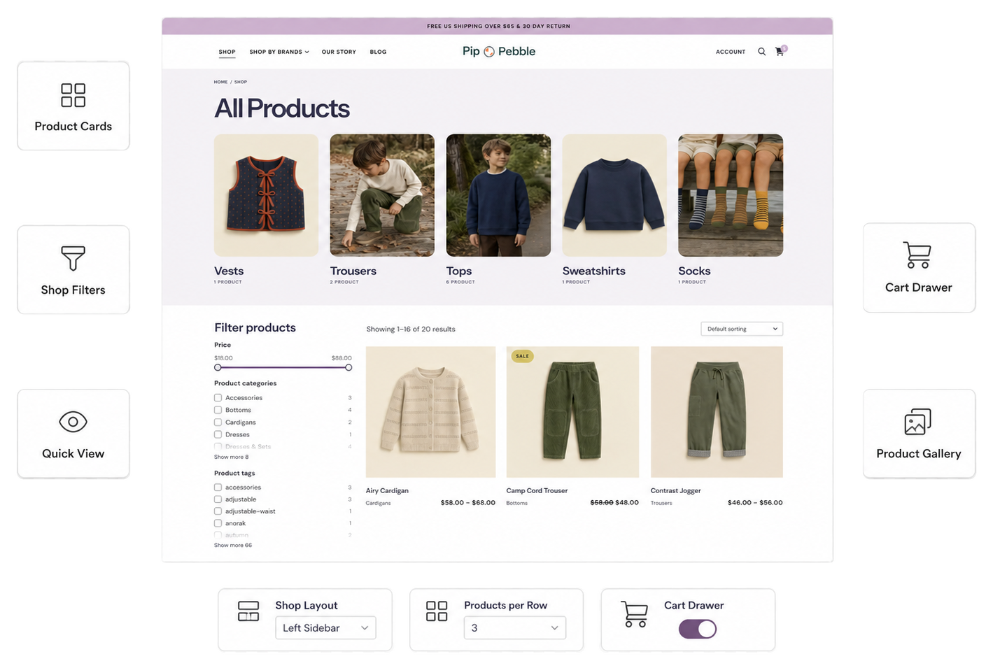 Customify WooCommerce controls around the Pip and Pebble shop