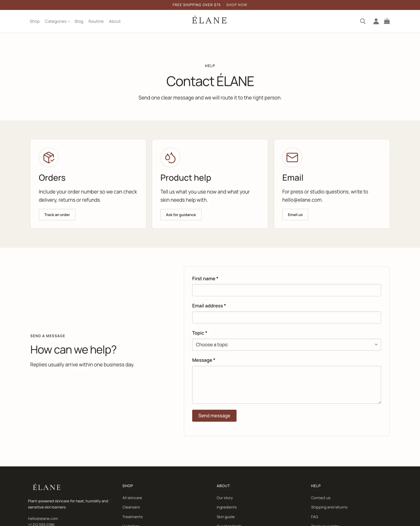 ÉLANE skincare store contact page preview