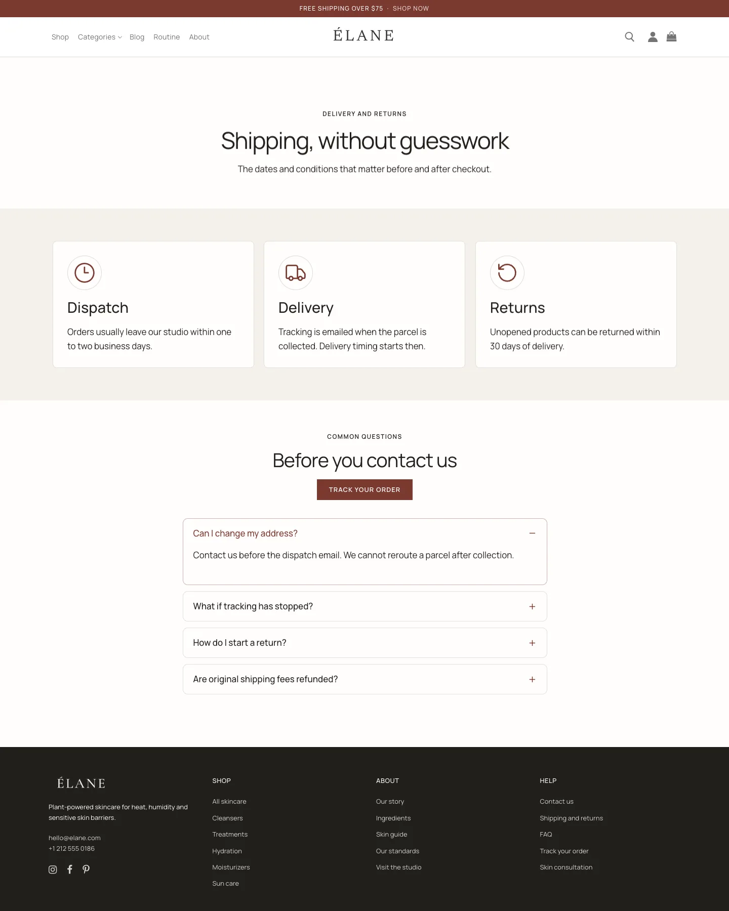 ÉLANE WooCommerce shipping and returns page preview
