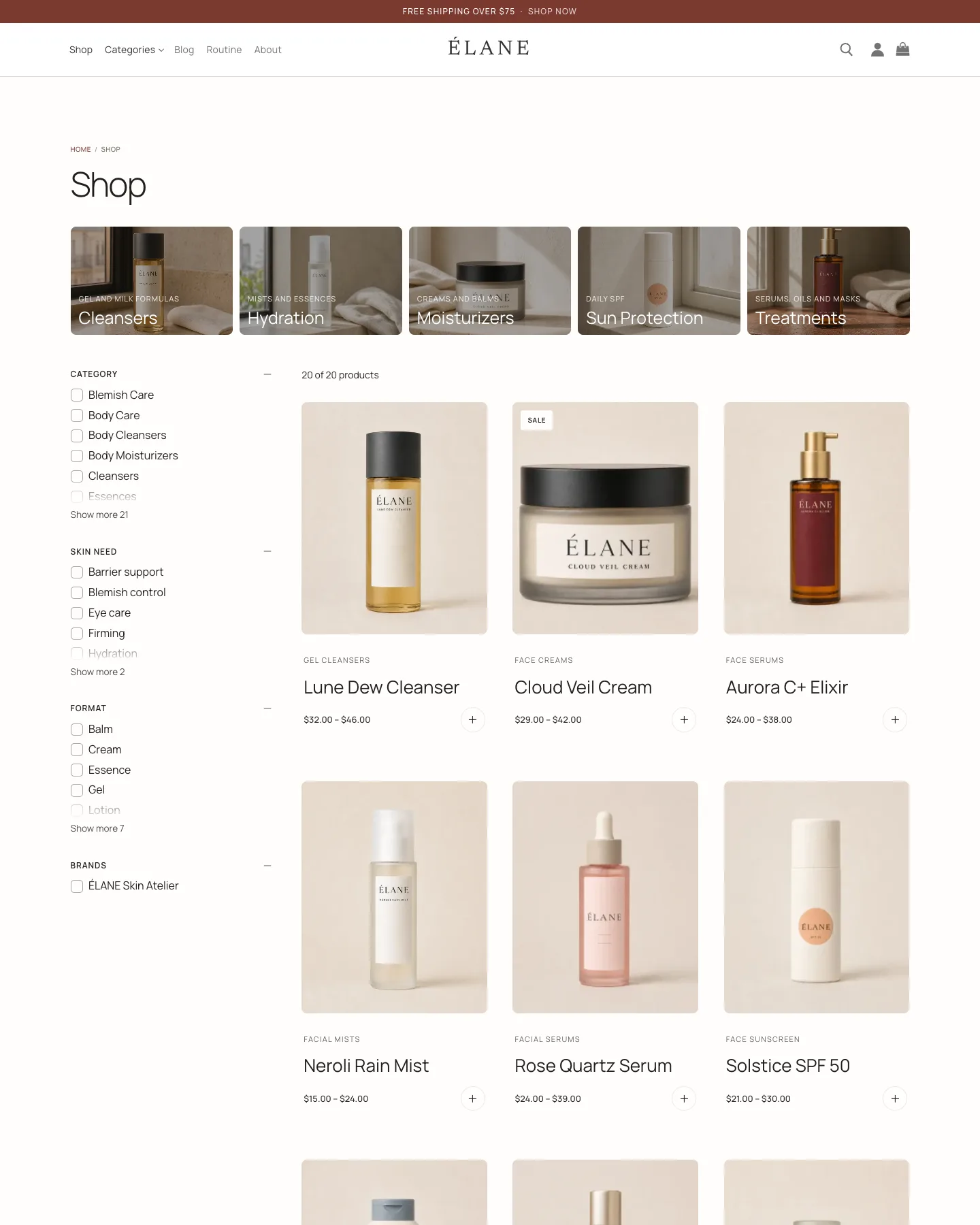 ÉLANE botanical skincare starter template — shop page with categories and filters