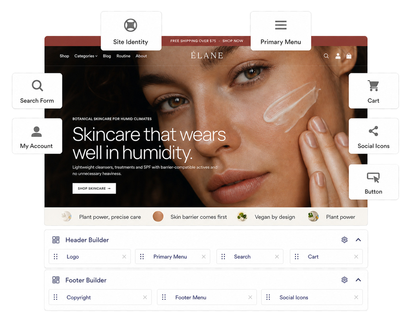 Customify site-wide header and footer controls preview