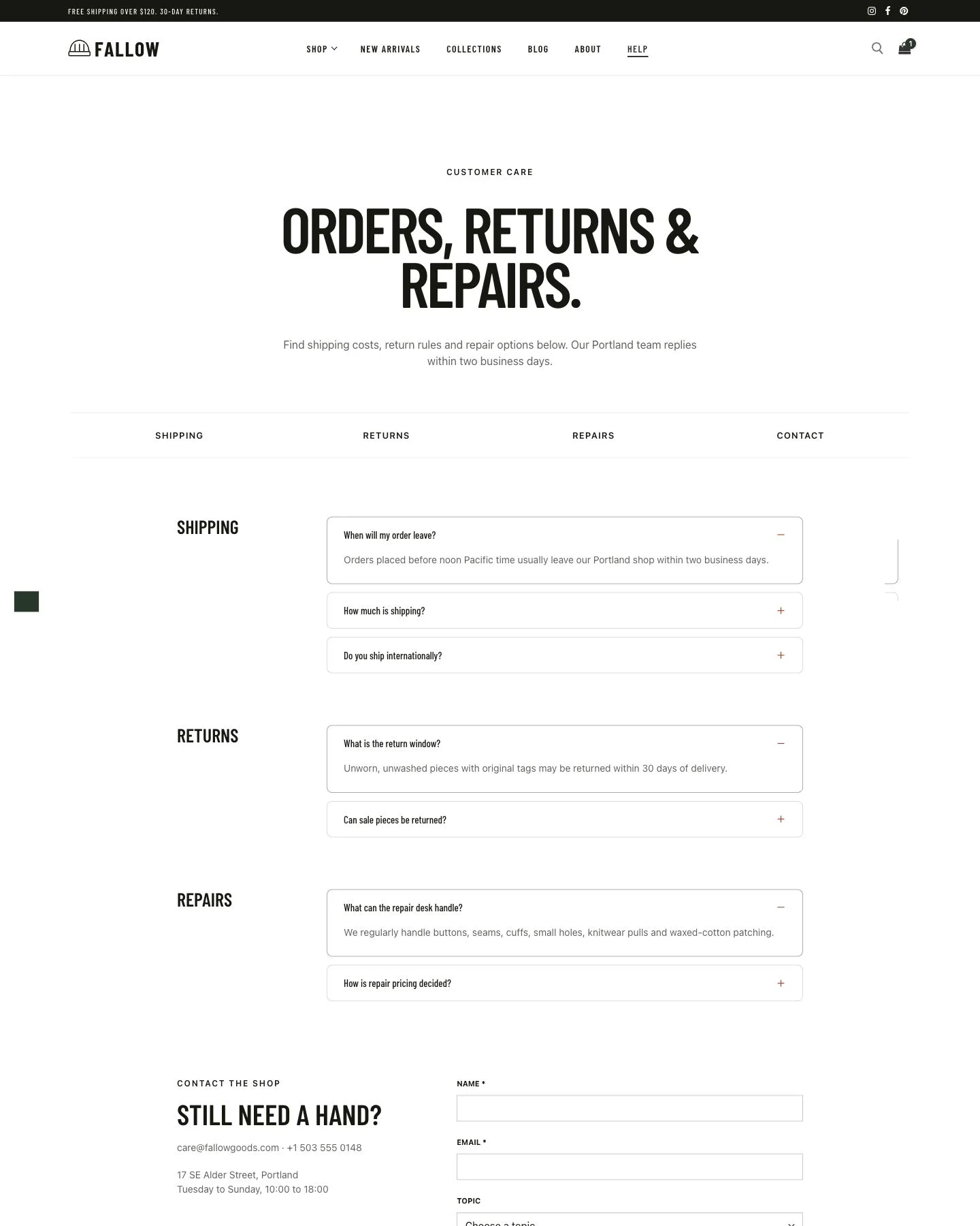 Fallow clothing store customer help page preview