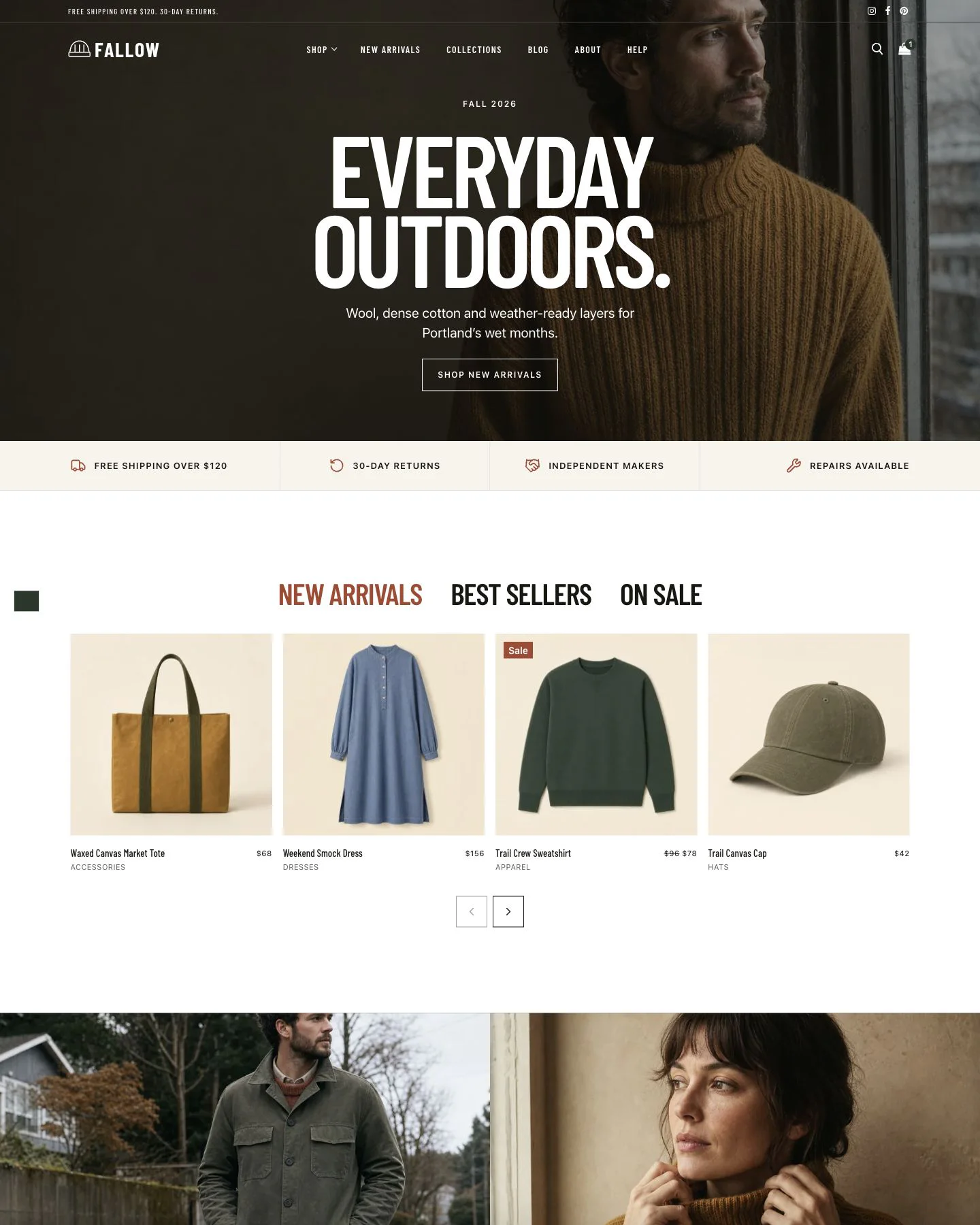 Fallow clothing store WooCommerce starter site homepage
