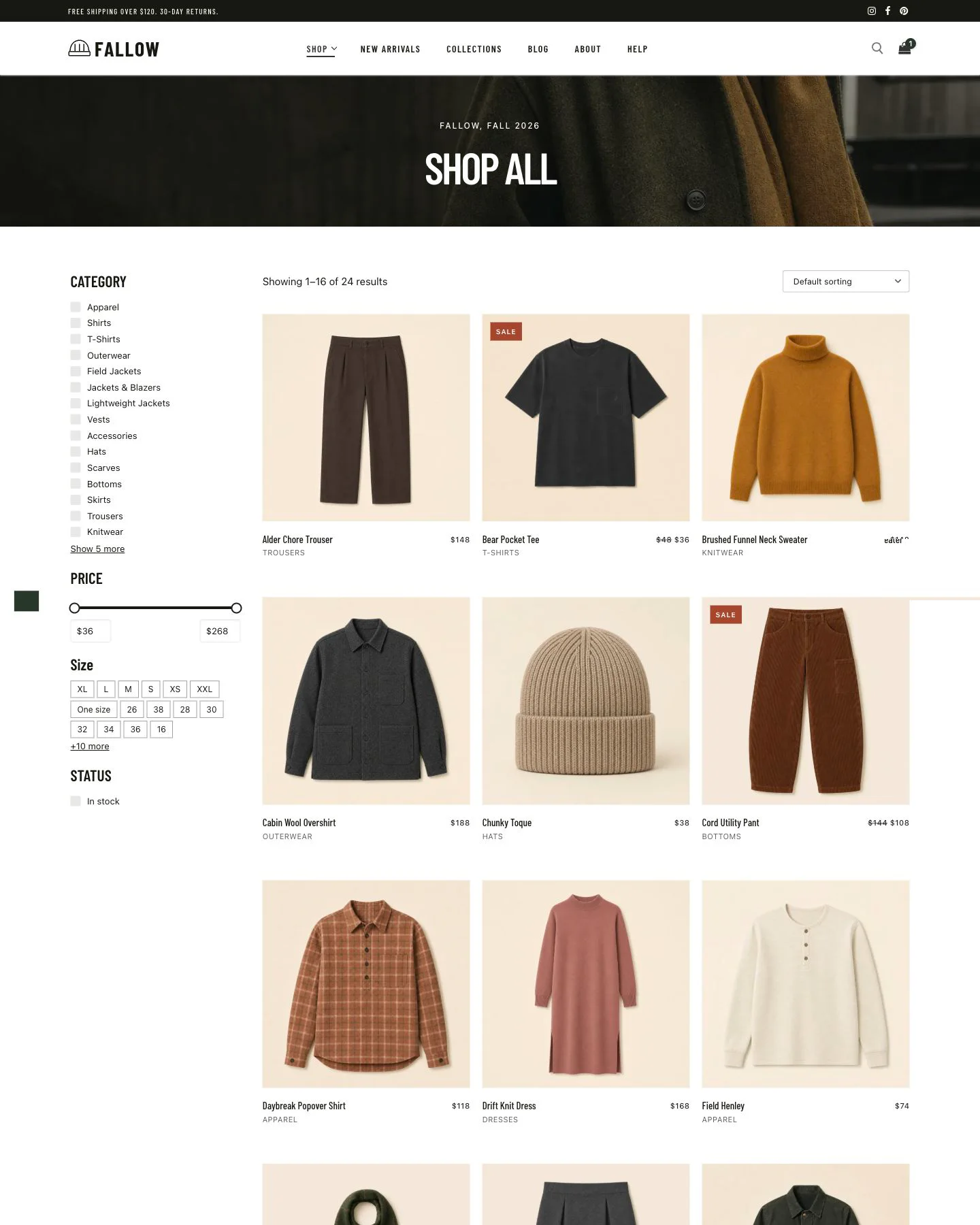 Fallow clothing store WooCommerce shop page preview