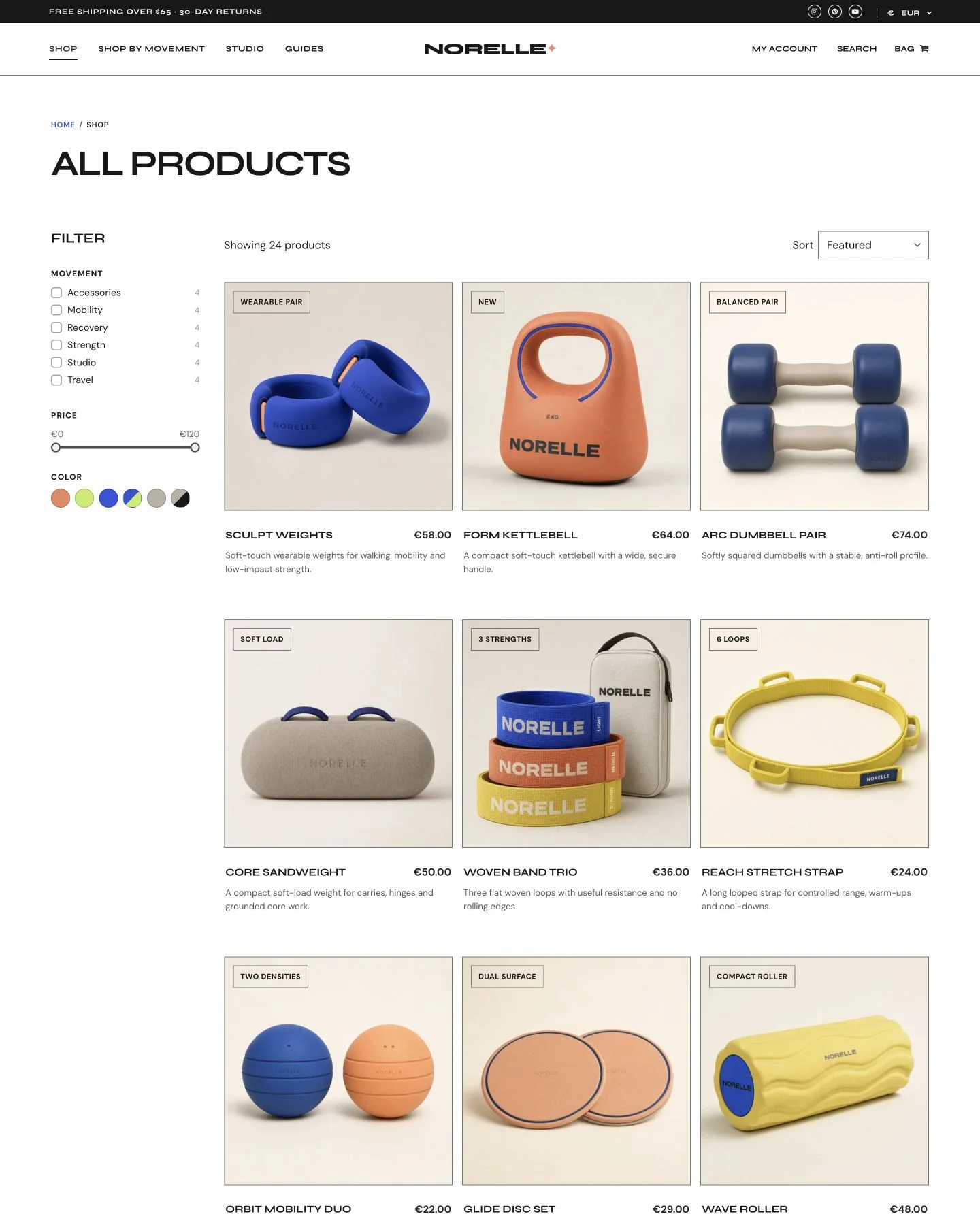 Norelle fitness equipment starter template — shop page with product filters