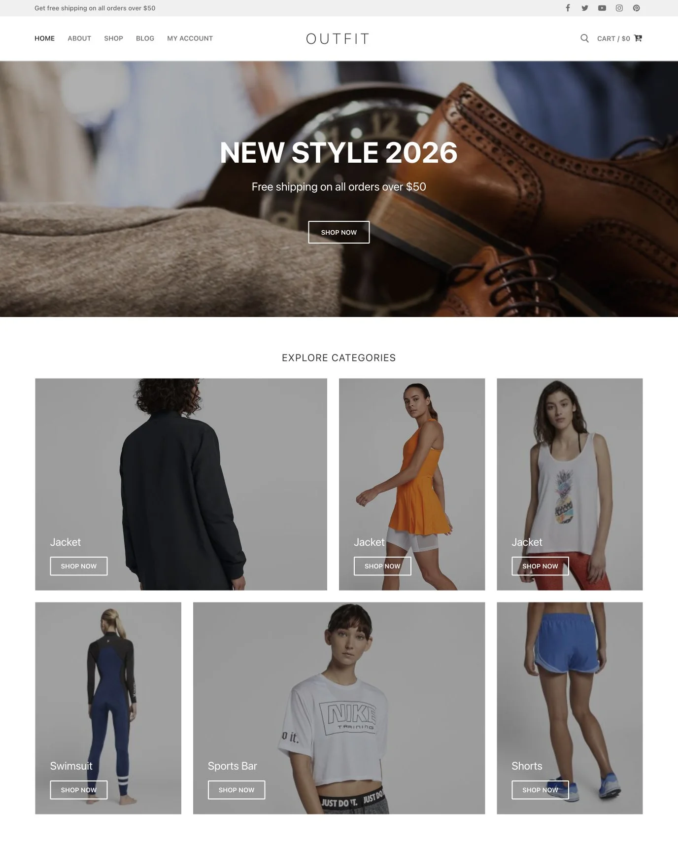 Outfit women’s sportswear WooCommerce starter site homepage