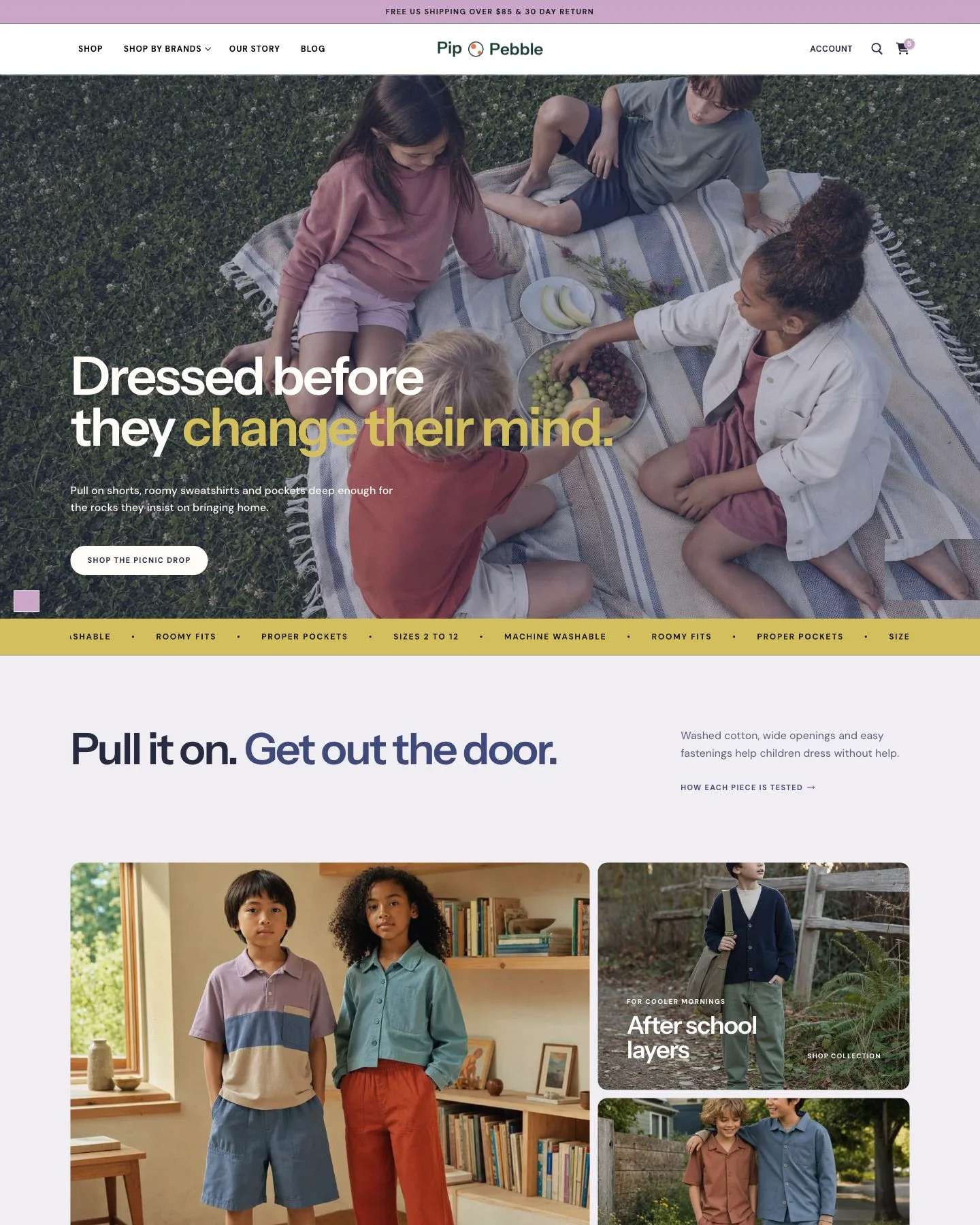 Pip and Pebble children’s clothing WooCommerce starter site homepage