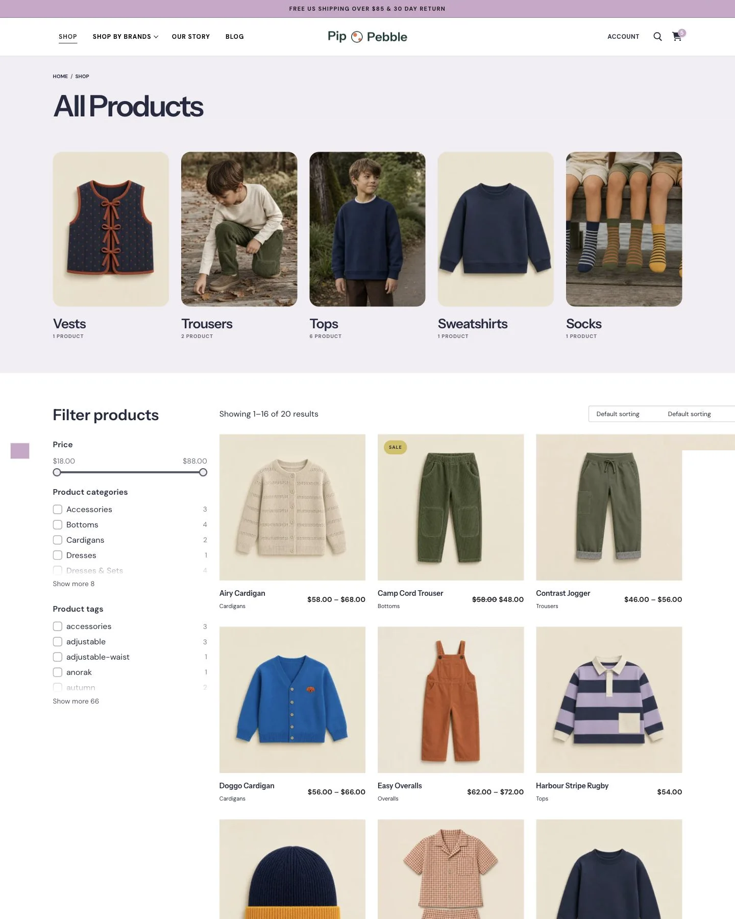 Pip and Pebble children’s clothing WooCommerce shop page preview