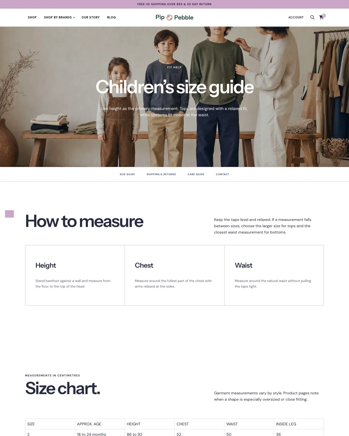 Pip and Pebble children’s clothing size and fit guide preview