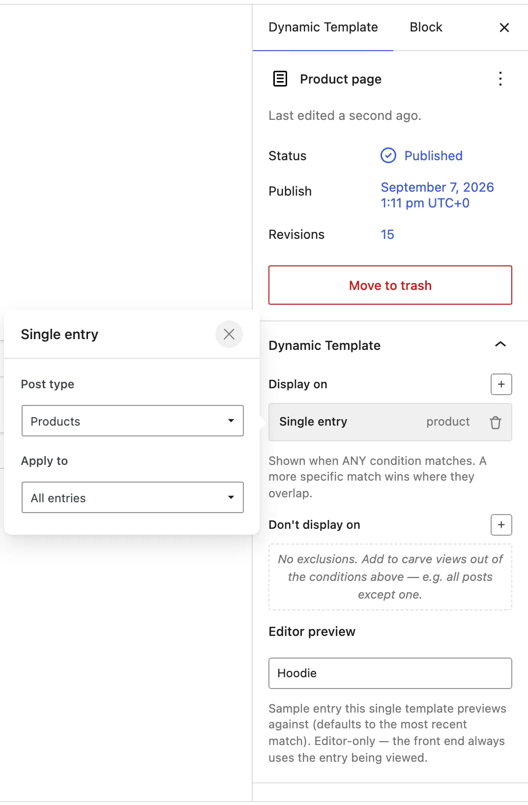 The Dynamic Template document tab shows Display on set to Single entry, Post type set to Products, and Apply to set to All entries.