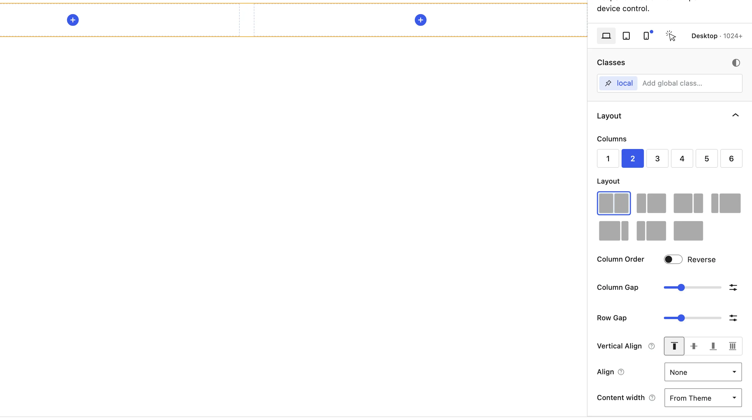 The Section Layout panel shows two columns selected with an equal-width preset and two empty content areas on the canvas.