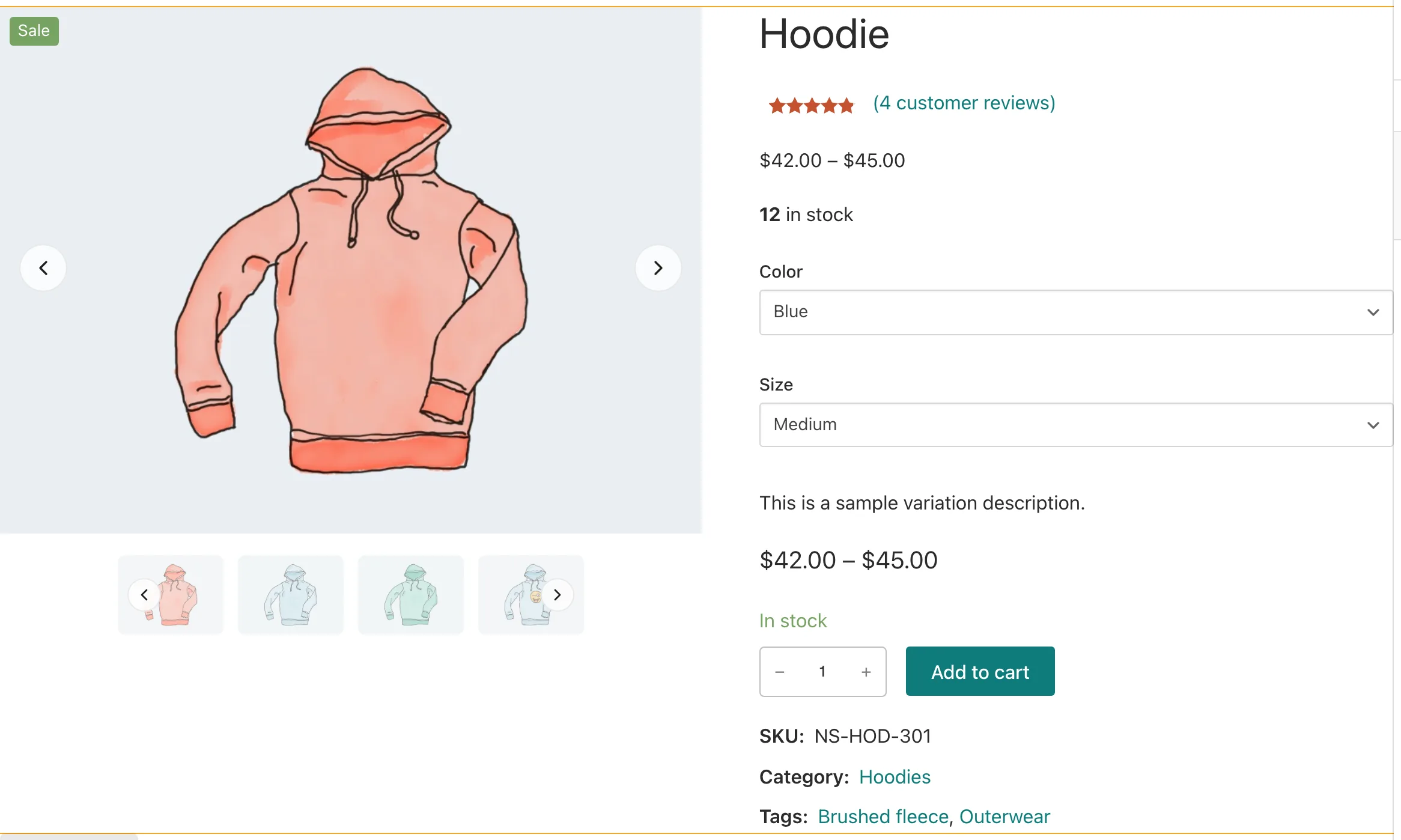 The product summary Section shows Product Gallery on the left and the Hoodie title, rating, price, stock, purchase form, and metadata on the right.