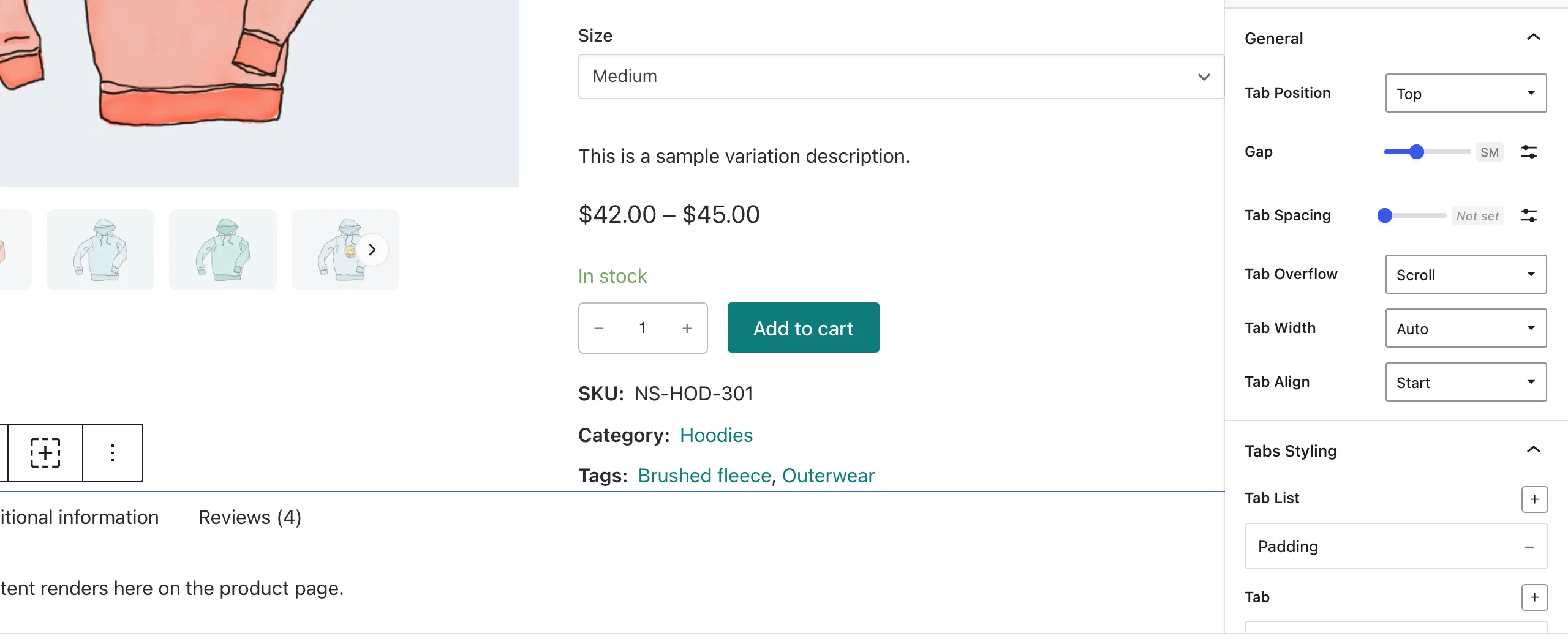 The product details Section shows the Hoodie tabs beside the open General panel with responsive tab controls.