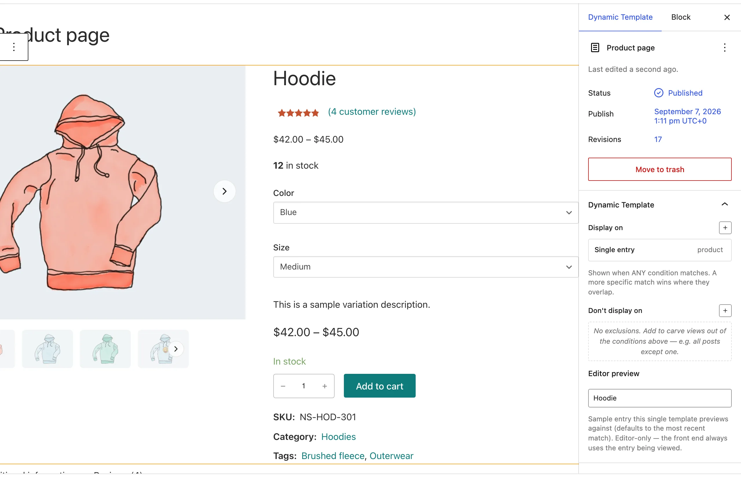 The Dynamic Template Editor preview picker has Hoodie selected while the product-aware blocks show the Hoodie content on the canvas.