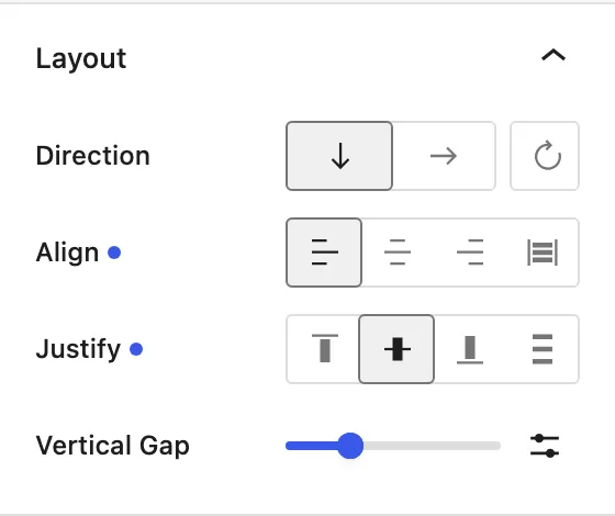 The Container Layout panel shows direction, justify, align, wrap, column gap, and row gap controls.