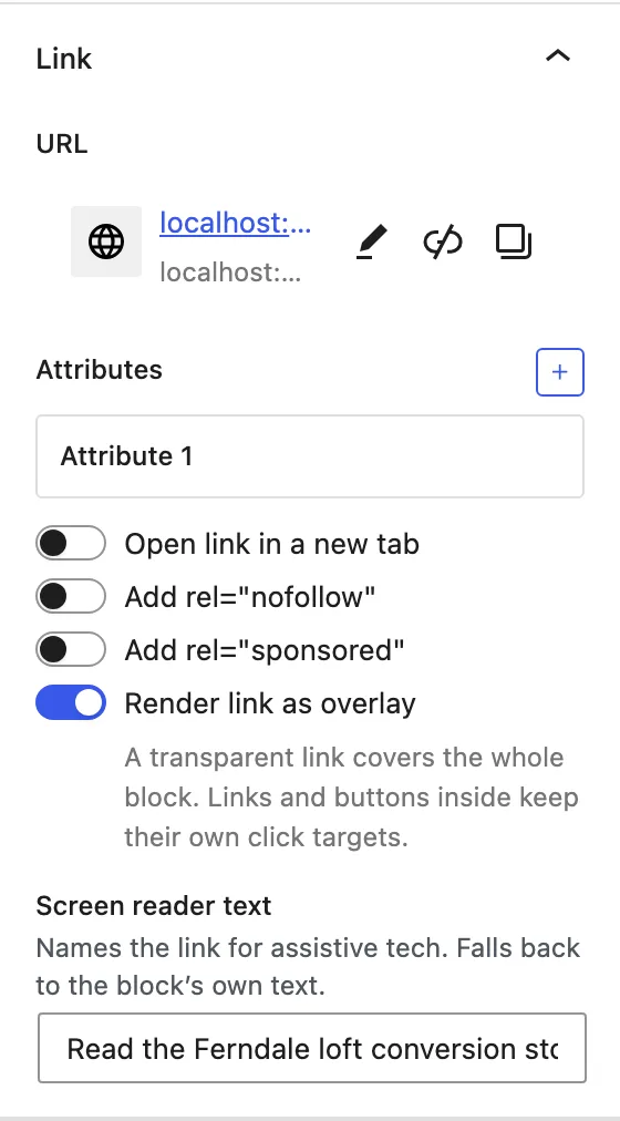 The Container Link panel shows a URL, an Attribute 1 row, link behavior toggles, and Screen reader text.
