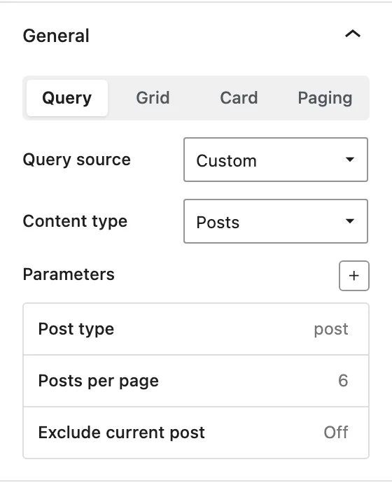 The Content Loop inspector shows the Query, Grid, Card, and Paging tabs for configuring the selected loop block.