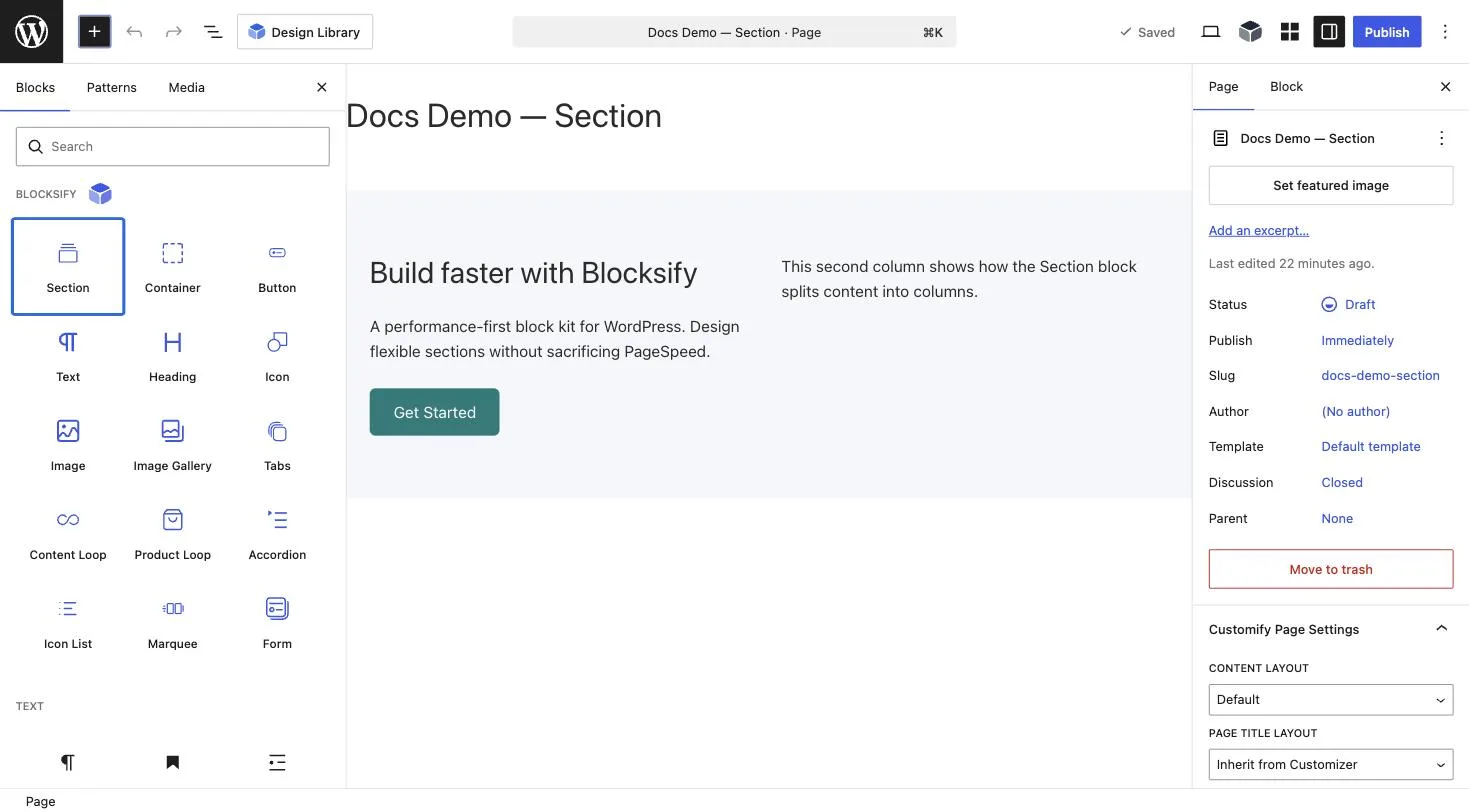 The WordPress block inserter is open with the Blocksify block category visible.