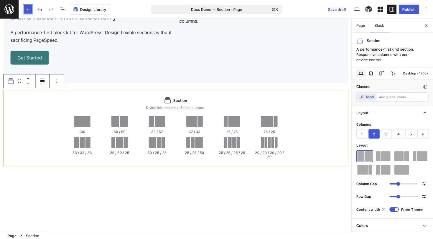 The Section block placeholder shows column preset choices in the editor canvas.