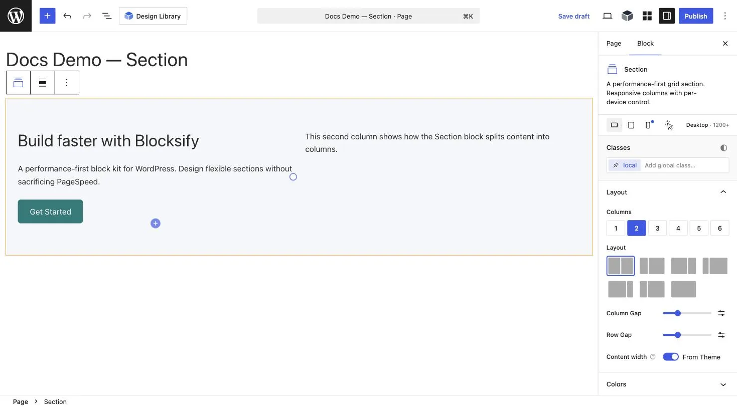 The editor canvas shows a Blocksify Section with two populated columns.