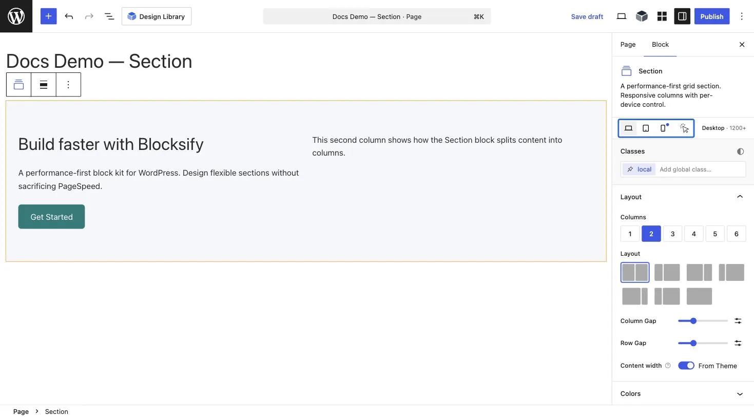 The Blocksify inspector device row shows Desktop, Tablet, Mobile, and Hover State controls.