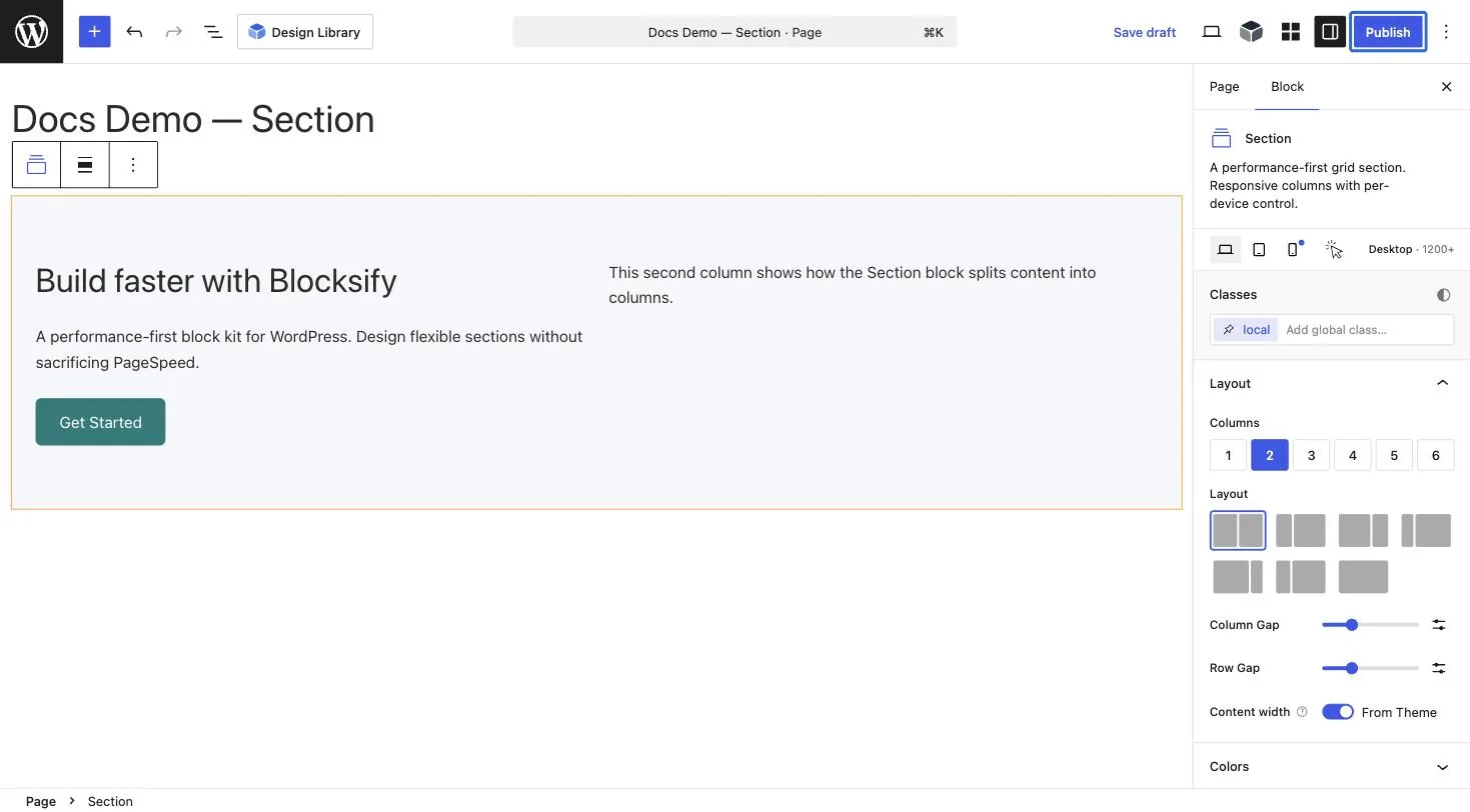 The WordPress editor shows the publish controls after a Blocksify page has been prepared.