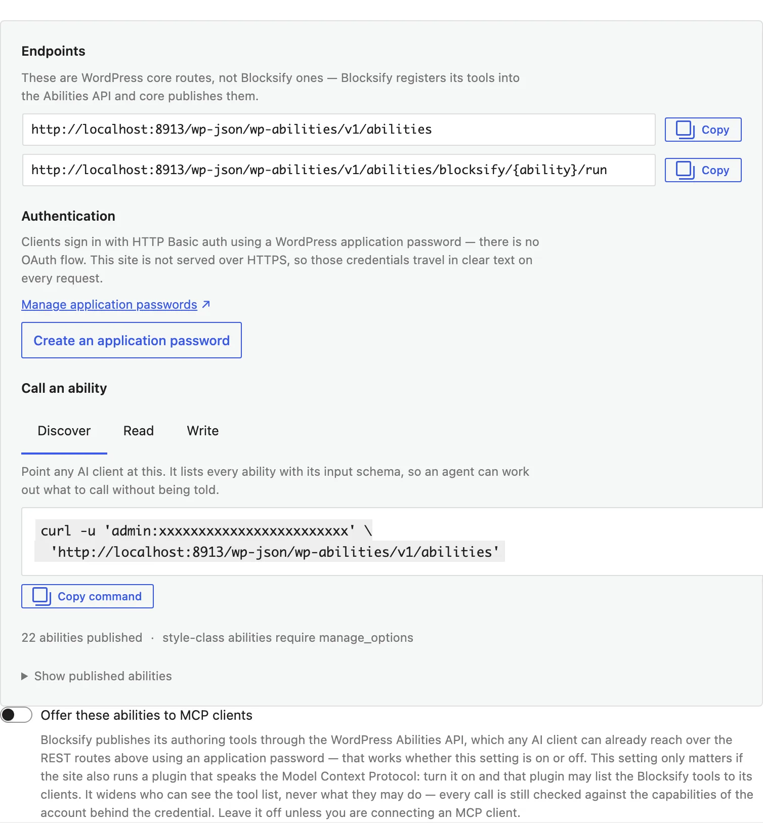 The AI panel shows WordPress Abilities API endpoints, application-password authentication, ability commands, and the MCP client exposure setting.