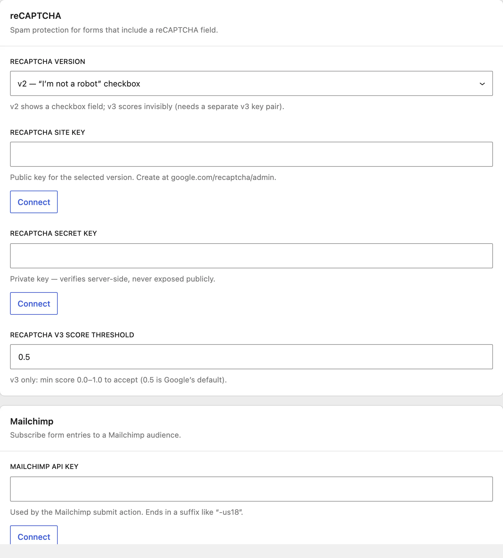 The Integration panel shows settings for reCAPTCHA version and keys, the v3 score threshold, and the Mailchimp API key.