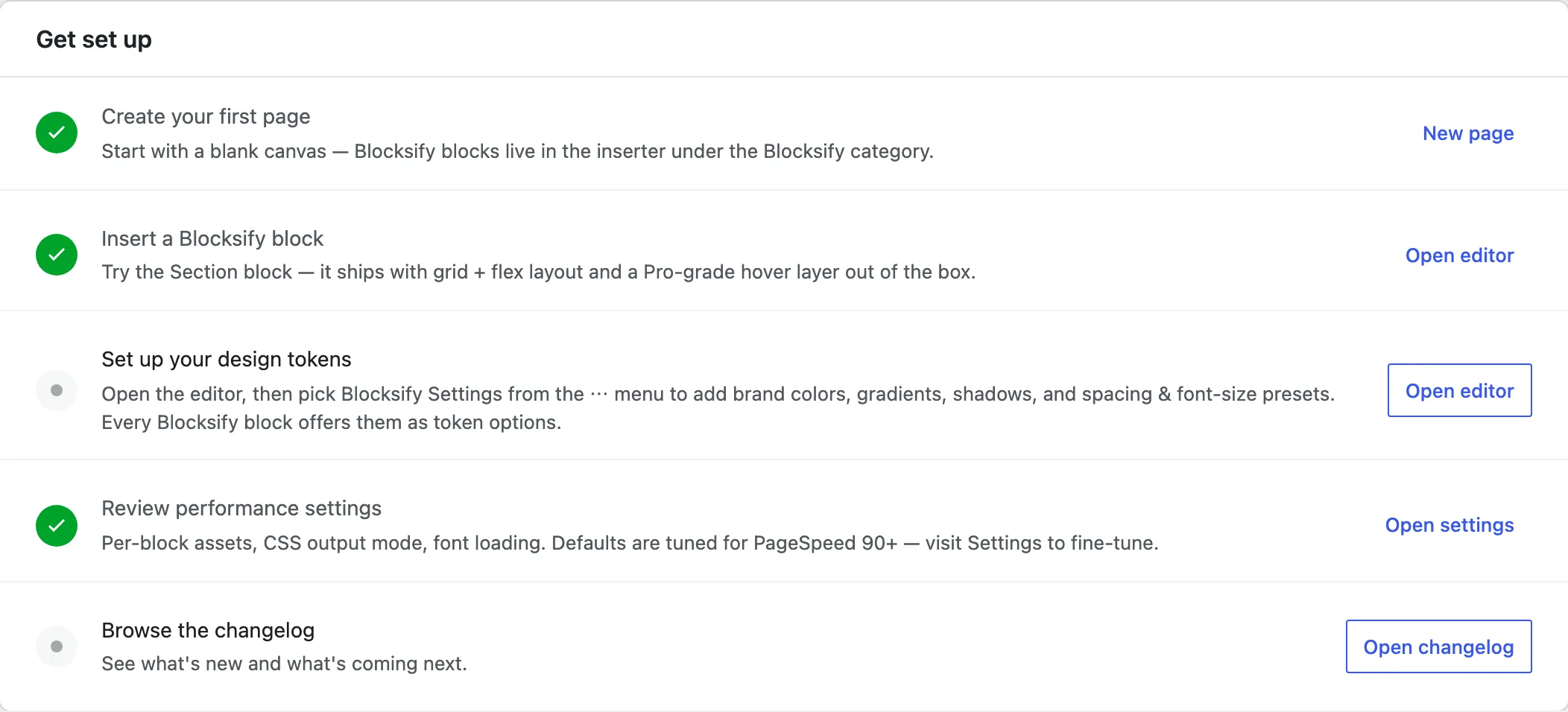 The Get set up checklist uses green checkmarks for finished tasks and gray dots for tasks that still need attention.