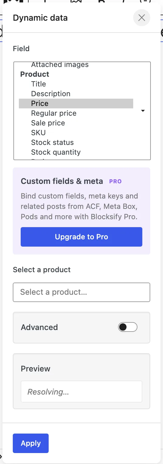 The Field menu lists Product options including Title, Description, Price, Regular price, Sale price, SKU, Stock status, and Stock quantity above the Select a product control.