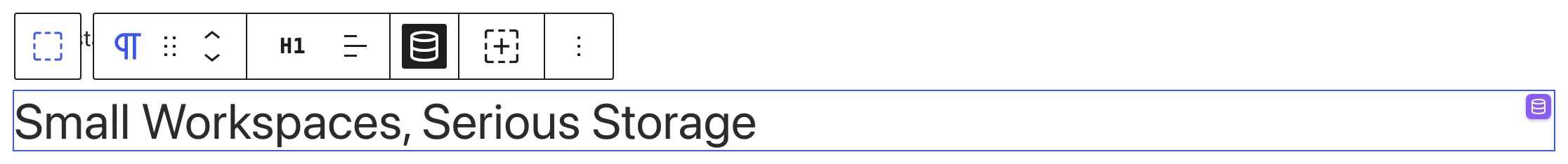 A selected Text block displays the post title Small Workspaces, Serious Storage with the Dynamic data toolbar button highlighted.