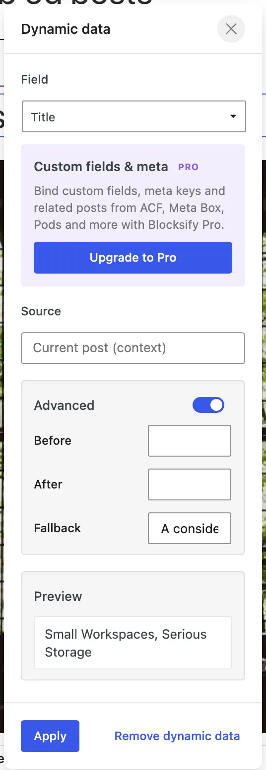 The Dynamic data picker shows Title selected, Source set to Current post (context), Advanced fields for Before, After, and Fallback, and a separate Preview fieldset.